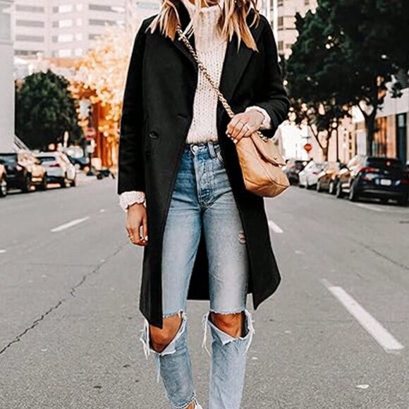 Jackets & Blazers - Black Casual Women's Coat Double Breasted Blend Mid-Long Pea Coat
